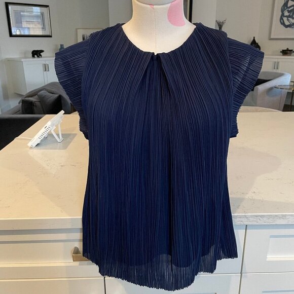 Maje Luxury Lined Pleat Flutter Slv Round Neck Top Navy Sz 2/M US no fabric tag - Picture 1 of 8